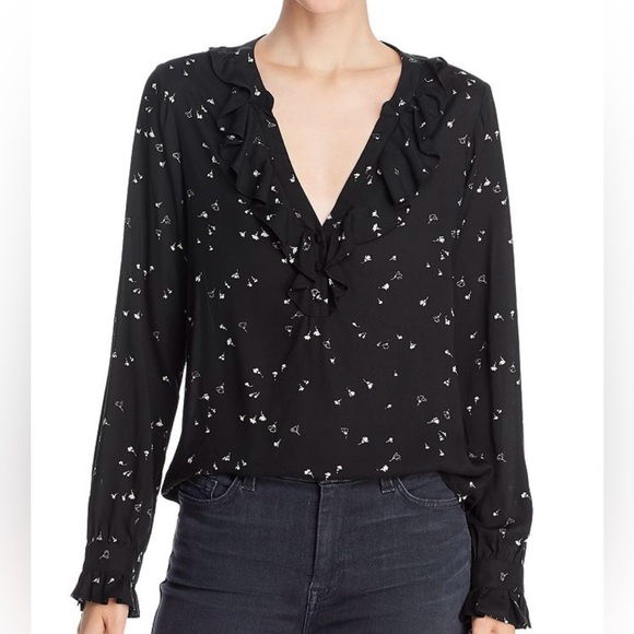 PAIGE women’s black Amalfi Ruffle-Neck Blouse S L15-37 - Picture 1 of 5